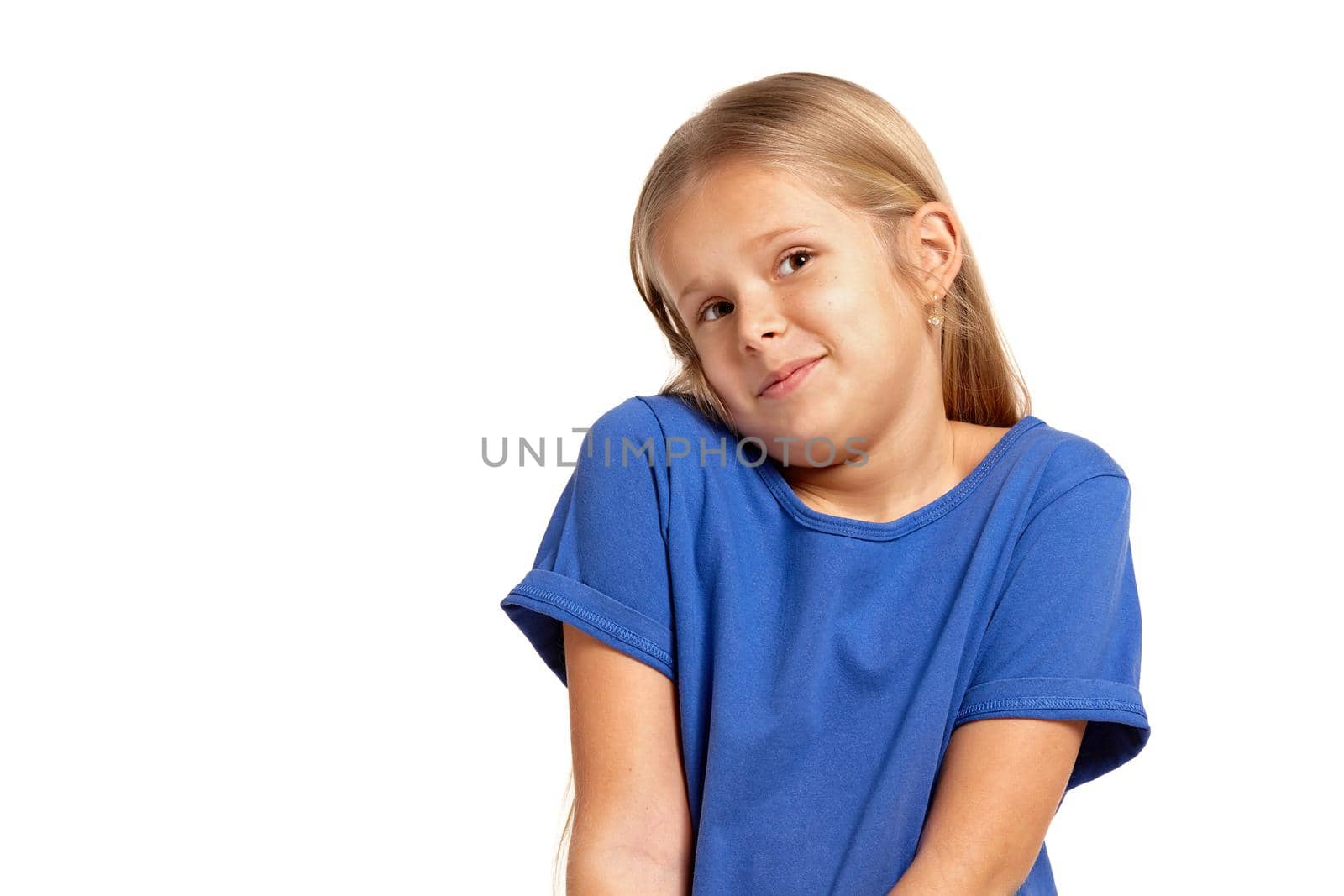 Portrait of adorable little girl isolated on a white background. in blue t-short with long white hair, shrugging