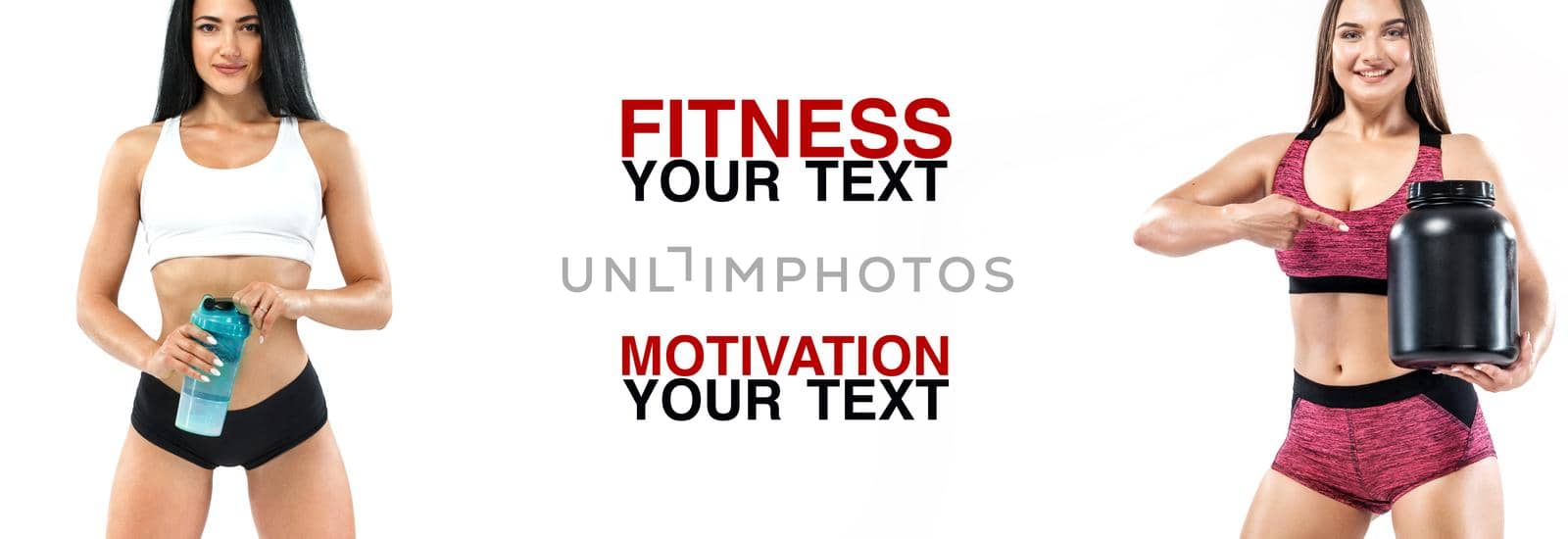 Fitness women athlete. Template, banner or poster for sport ads. White background. by MikeOrlov