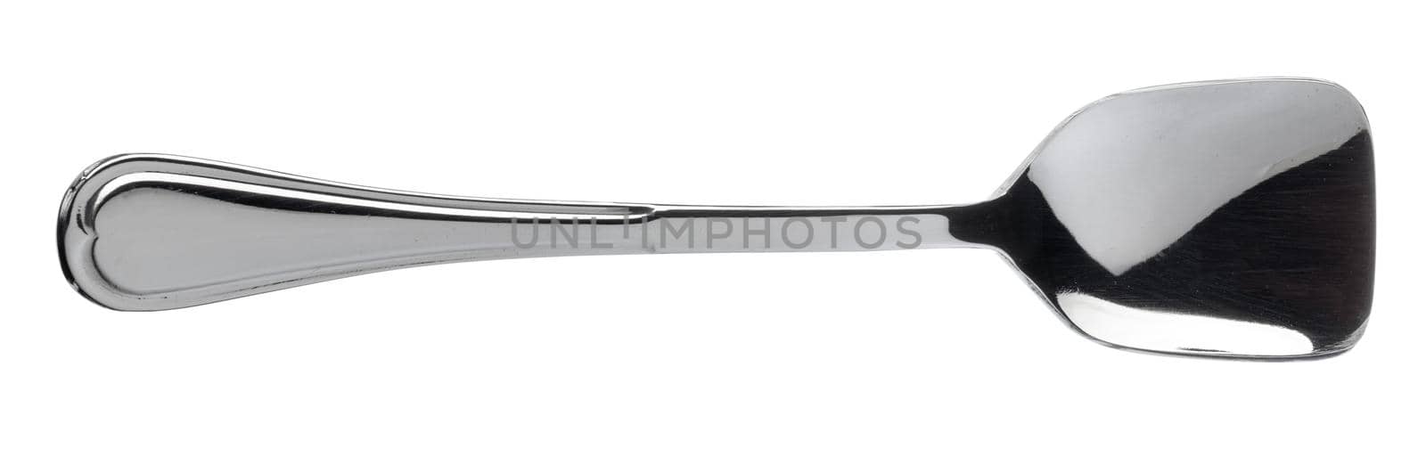 Silver spoon cutlery isolated on white background, top view