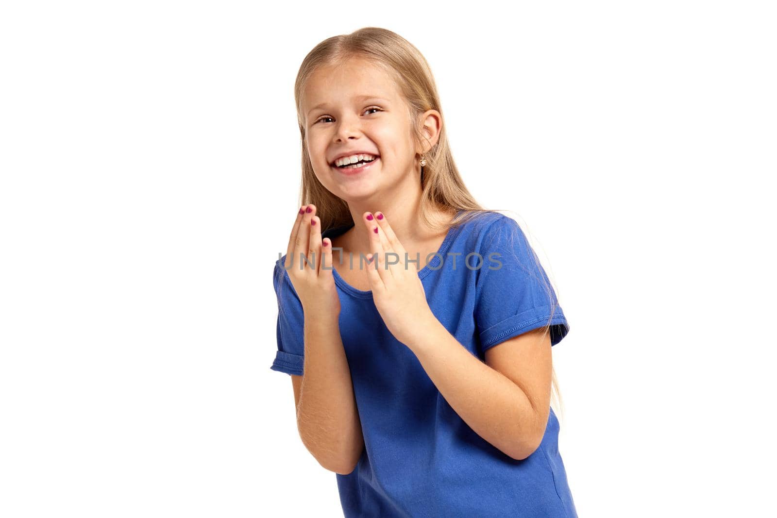Portrait of adorable little girl isolated on a white background. in blue t-short with long white hair, laughing