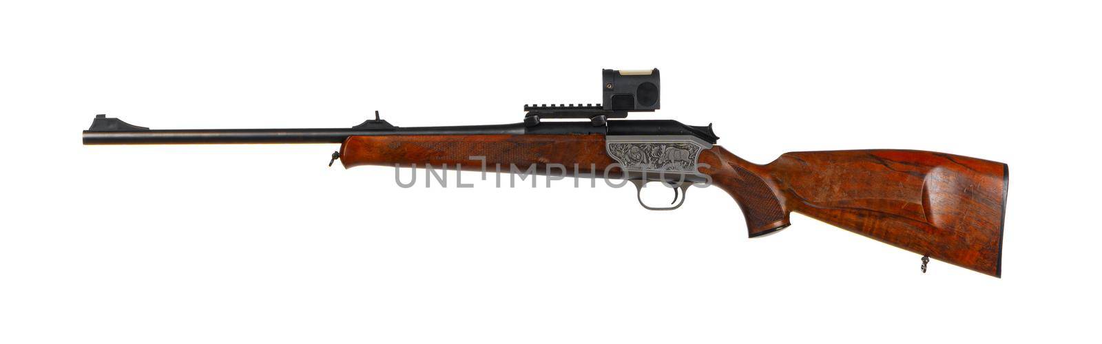 Modern hunting rifle isolated on white background close up