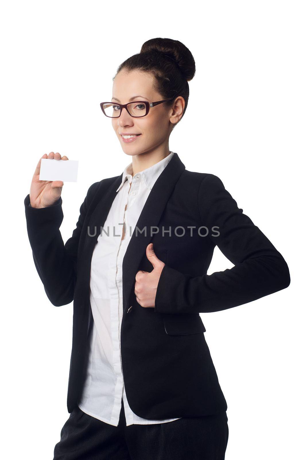 Woman holds out business or credit card Isolated by Julenochek
