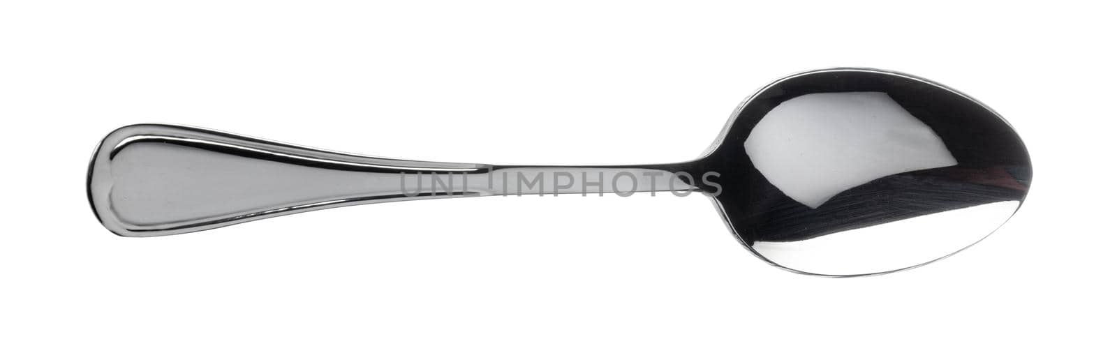 Silver spoon cutlery isolated on white background, top view