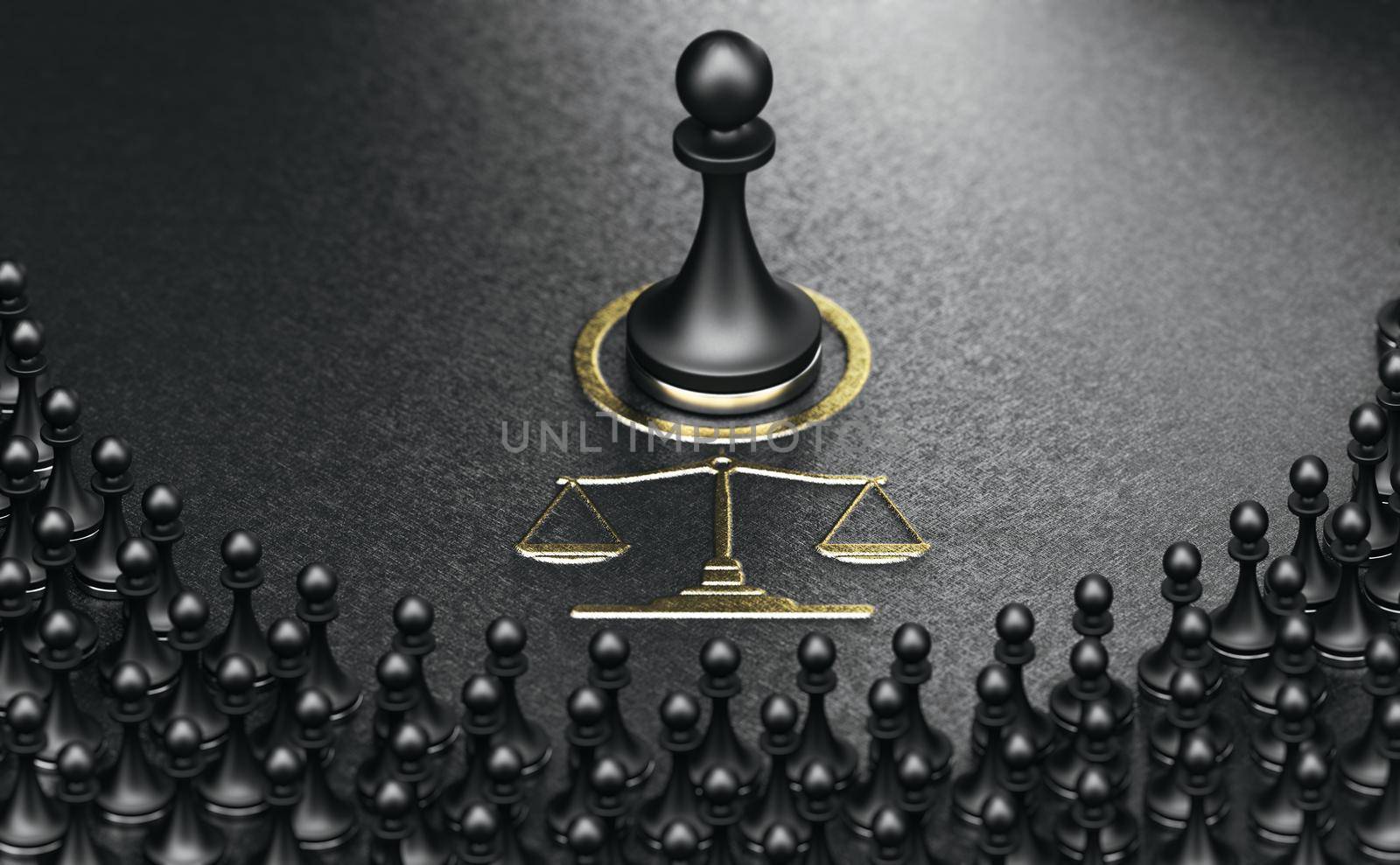 3d illustration of many pawns over golden and black background representing a class action or a collective redress concept. 