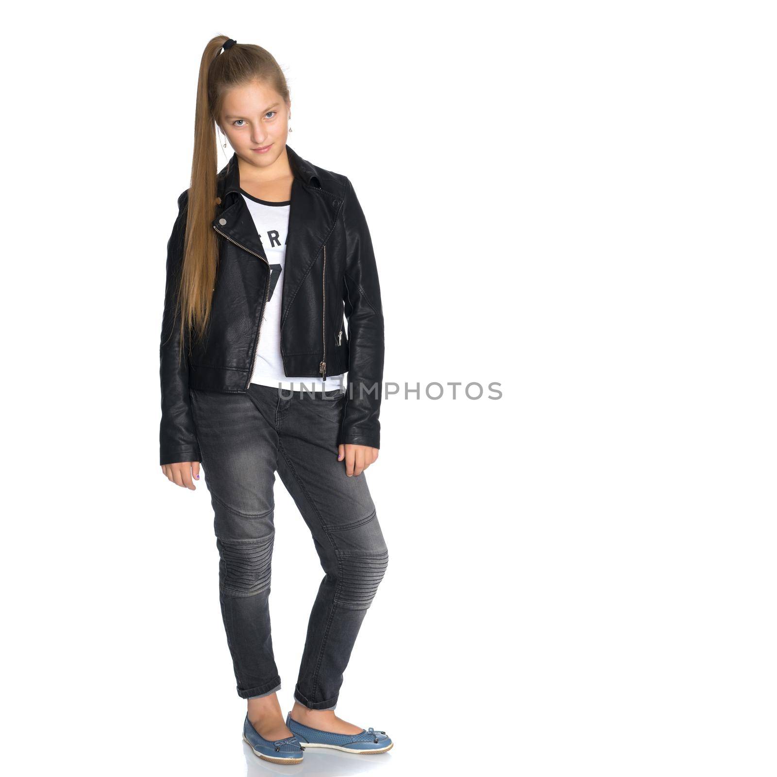 A teenage girl in a leather jacket and jeans. by kolesnikov_studio