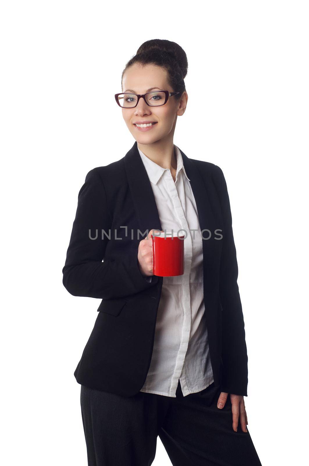 Young woman holding white cup of coffee isolated