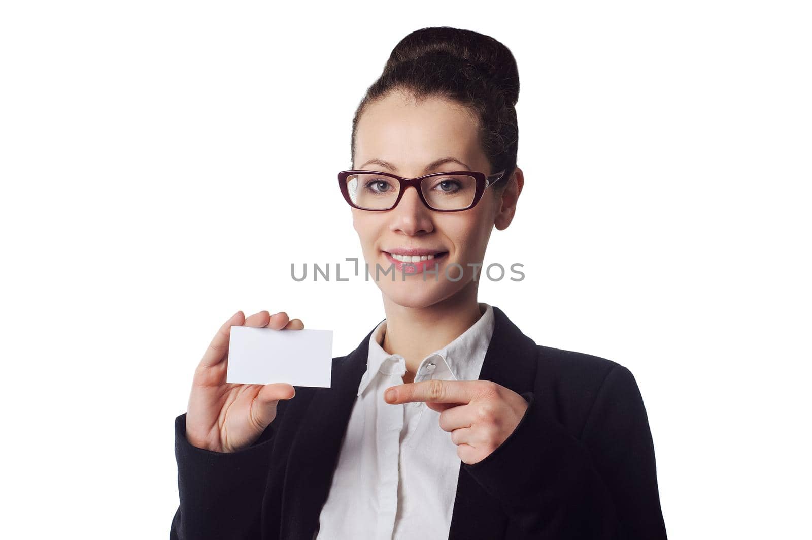 Beautiful woman holds out business or credit card Isolated on white background