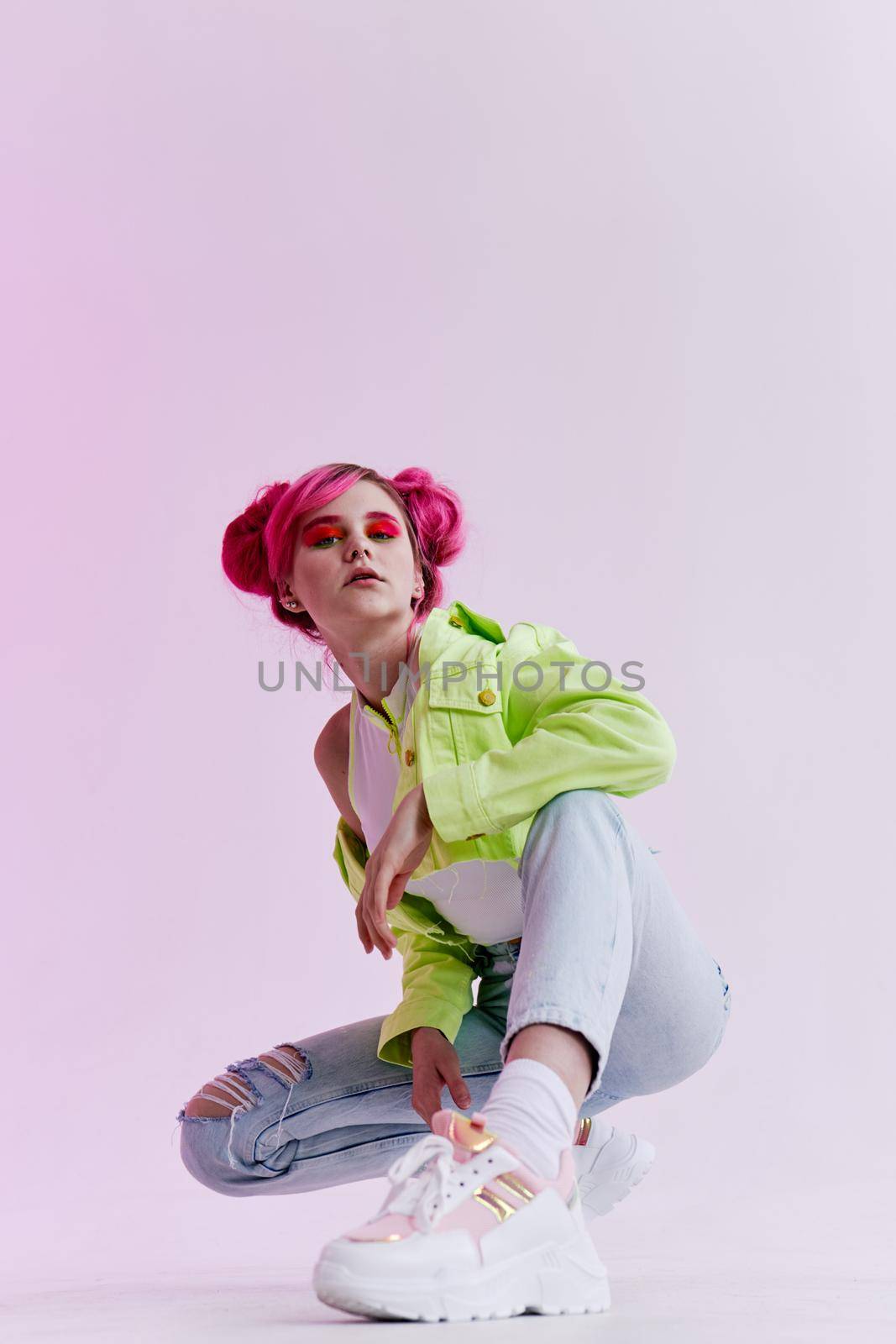 hipster woman bright cosmetics party posing studio model by Vichizh