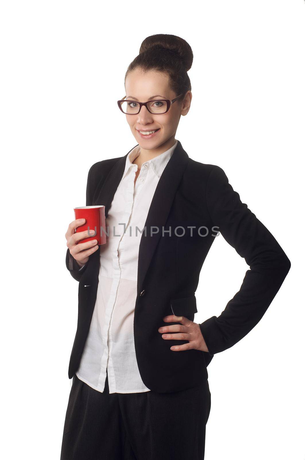 Young woman holding white cup of coffee isolated