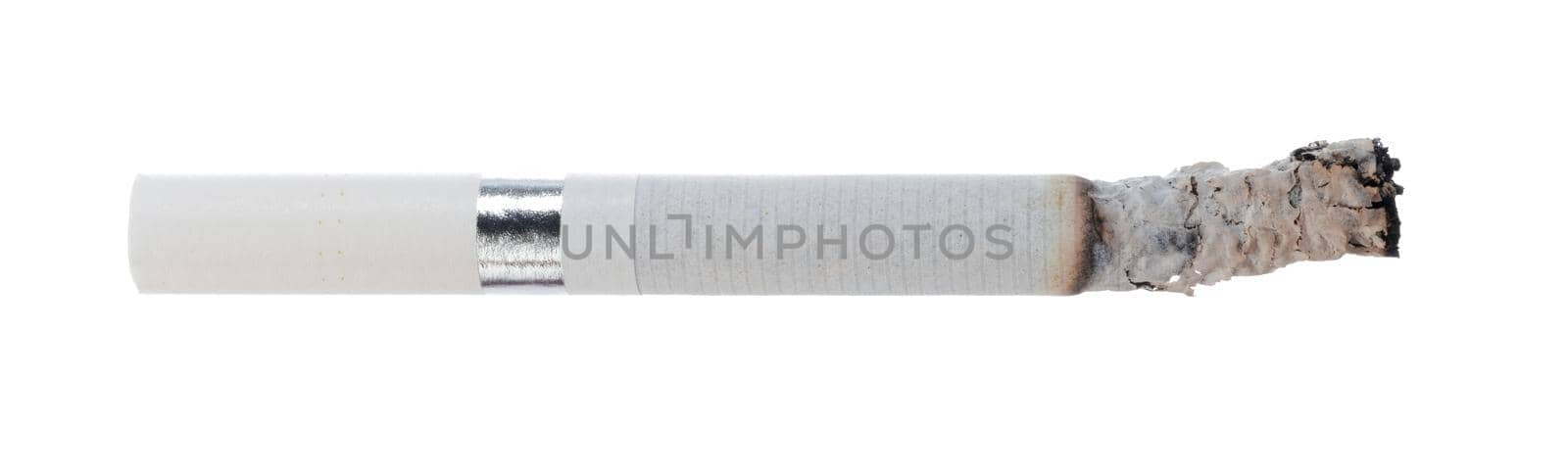 Lit cigarette isolated on white background close up top view