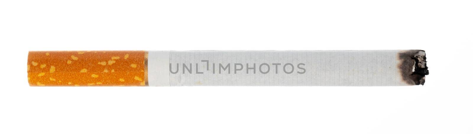 Lit cigarette isolated on white background close up by Fabrikasimf