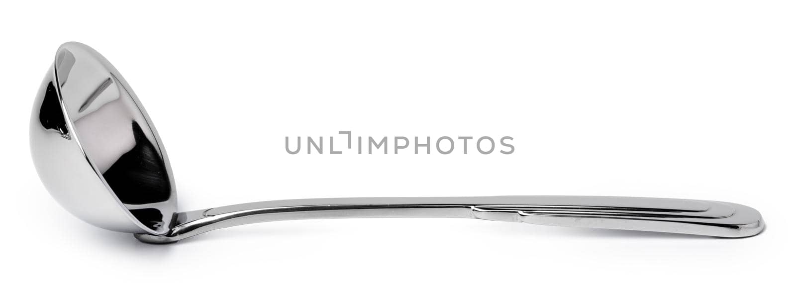 Steel soup ladle isolated on white background close up