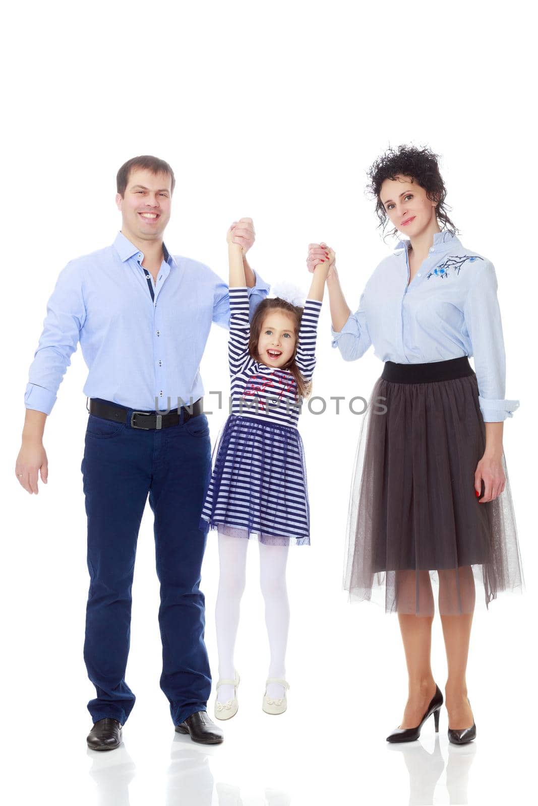 Happy young family, mom dad and little daughter.Parents raise the girl's hands.Isolated on white background.