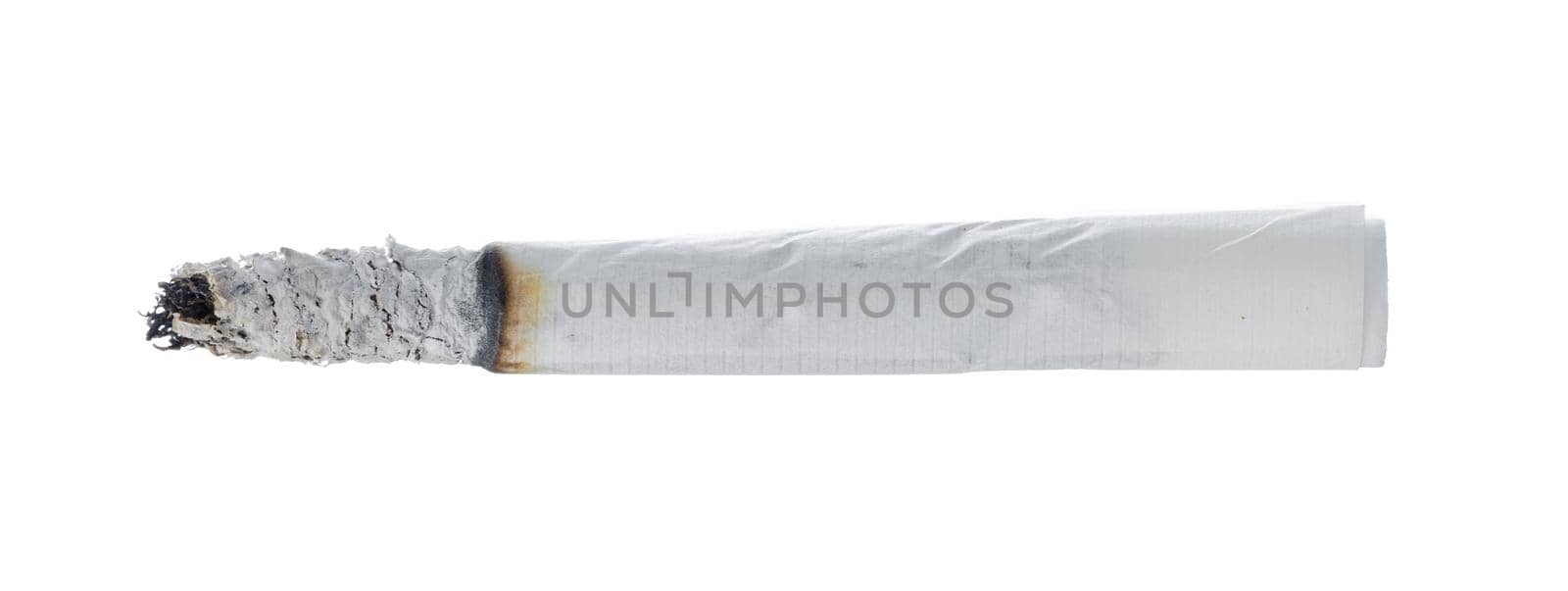 Burning cigarette isolated on white background close up top view
