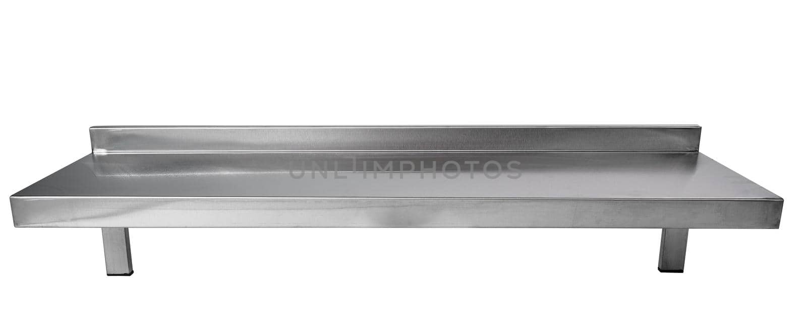 Metal industrial kitchen shelf of stainless steel isolated on white by Fabrikasimf