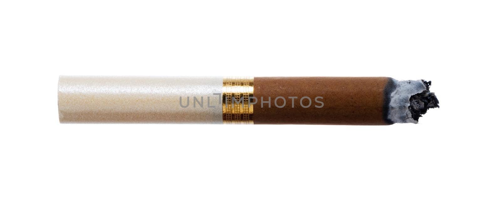 Lit brown cigarette isolated on white background by Fabrikasimf