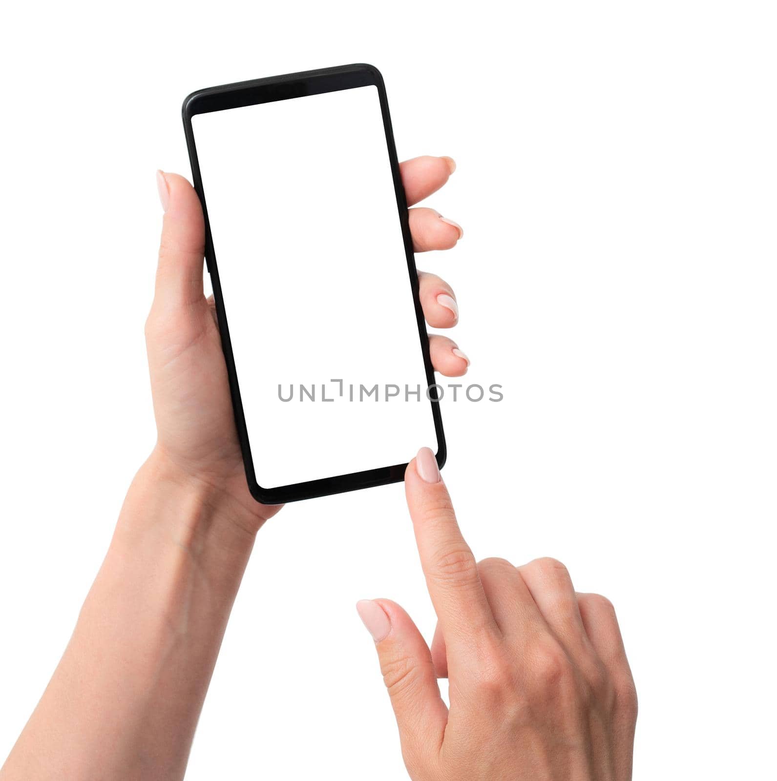 User holding modern smartphone with white screen in hand isolated on a white background