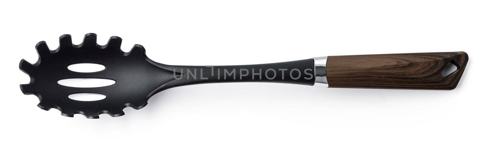 Black plastic spoon for draining on white background by Fabrikasimf