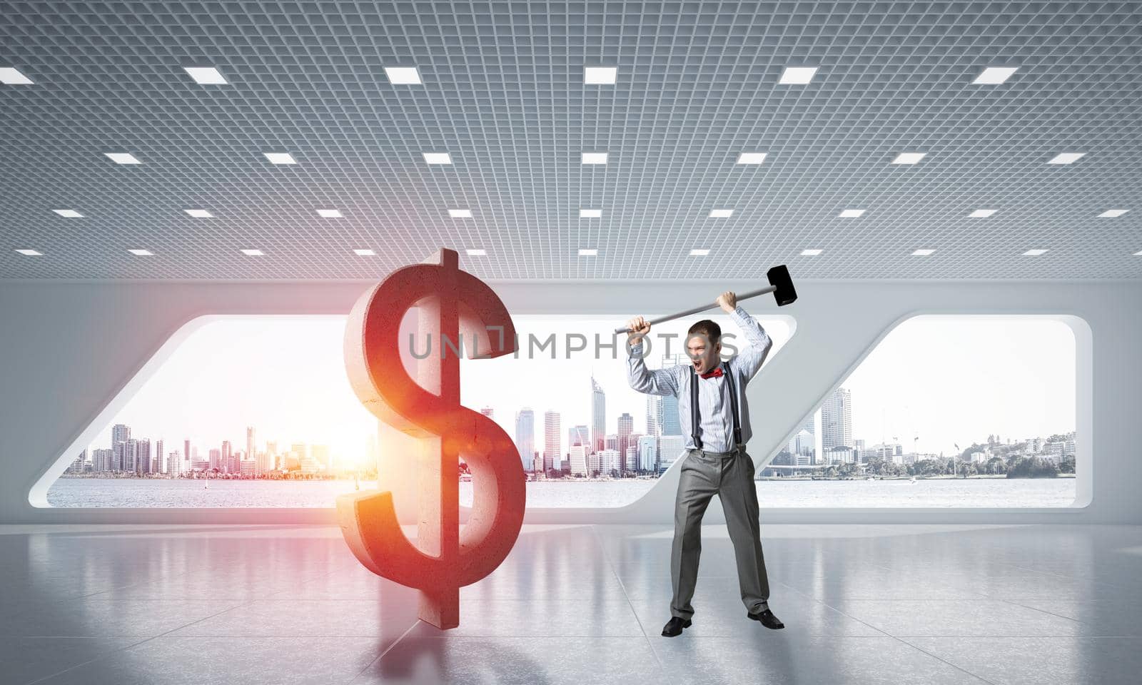 Young furious businessman going to crash with hammer stone dollar symbol