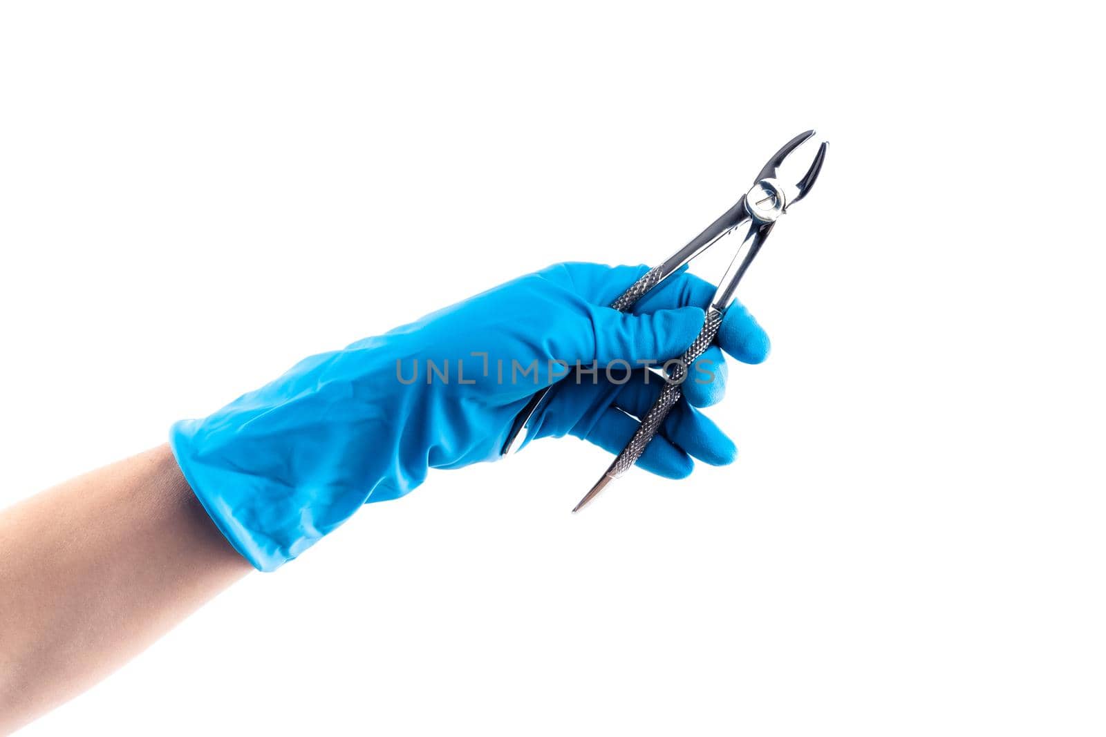 Hands in blue gloves holding dental flatterns isolated on white background
