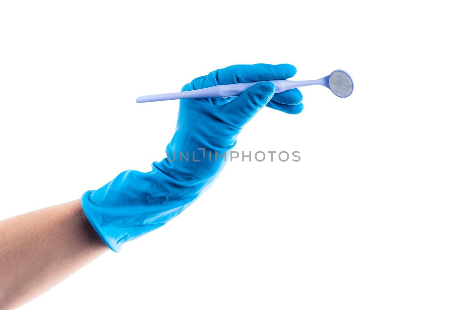 Hand in blue glove holding dental angled mirror isolated on white background