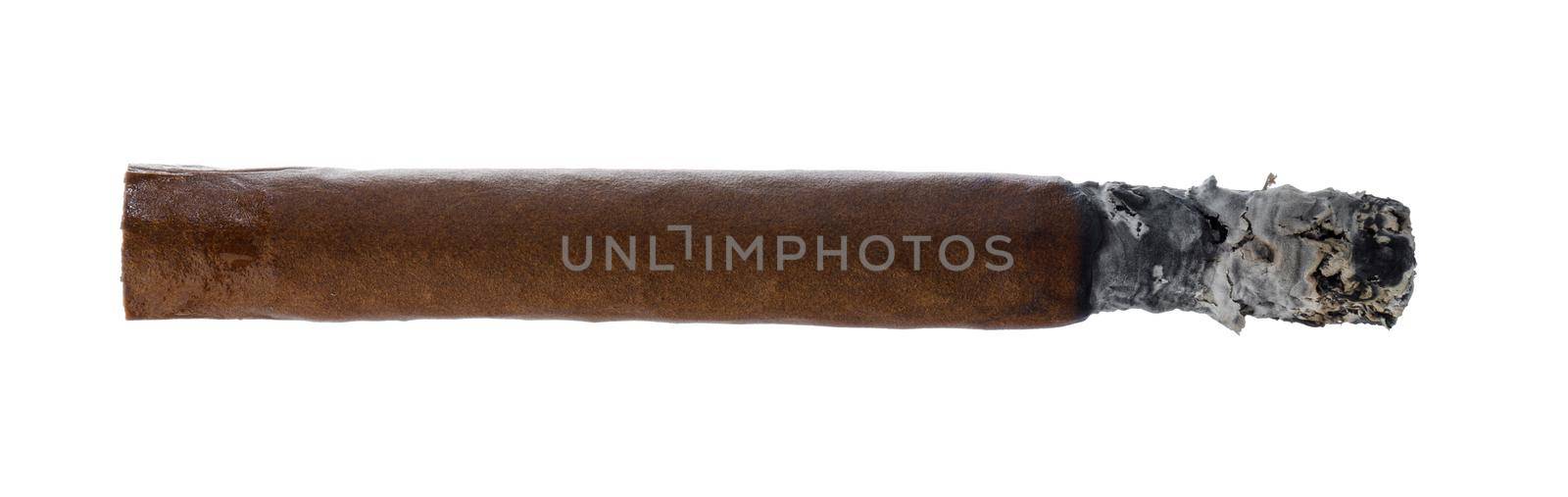 Burning hand rolled cigar isolated on white by Fabrikasimf