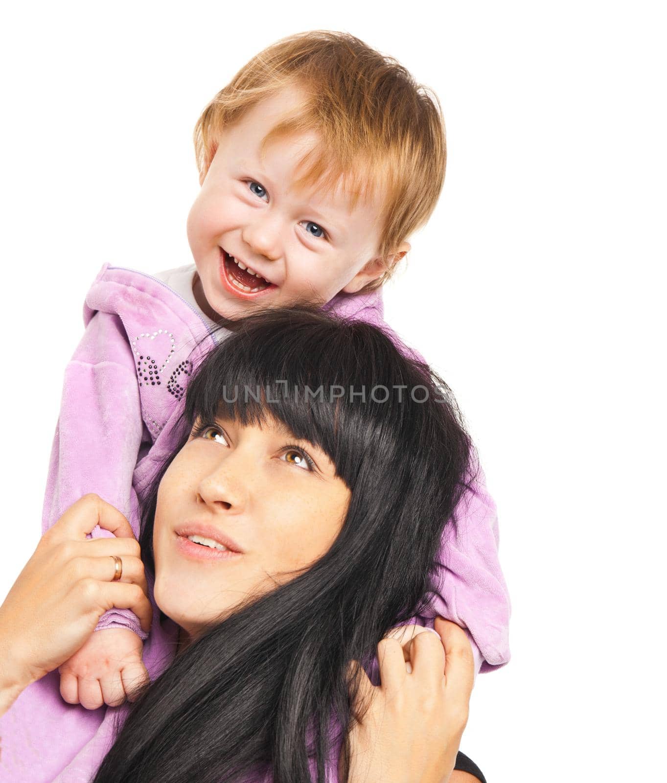 Happy cheerful family. Mother holding her baby isolated over white