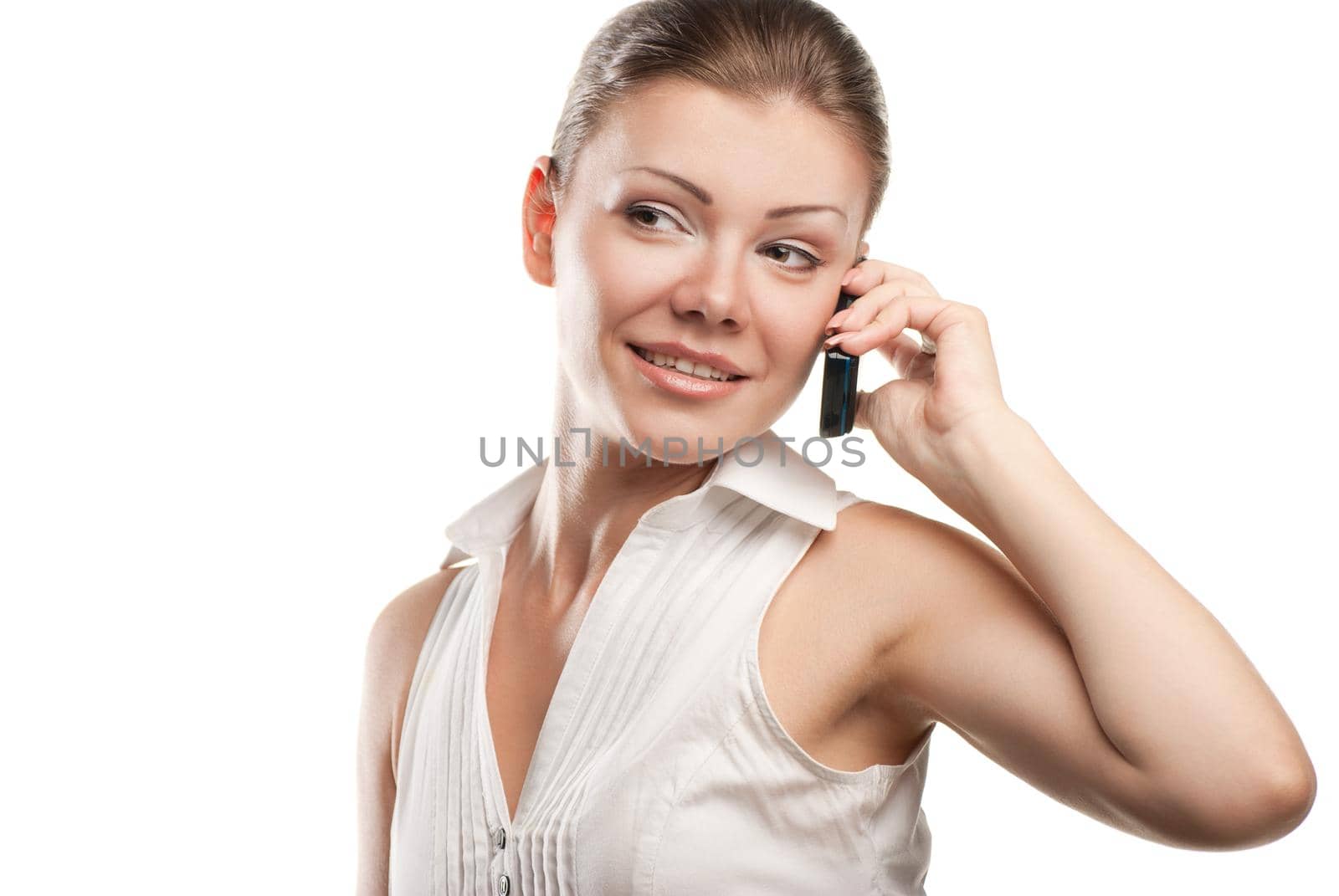 young beautiful business woman with phone isolated over a white background