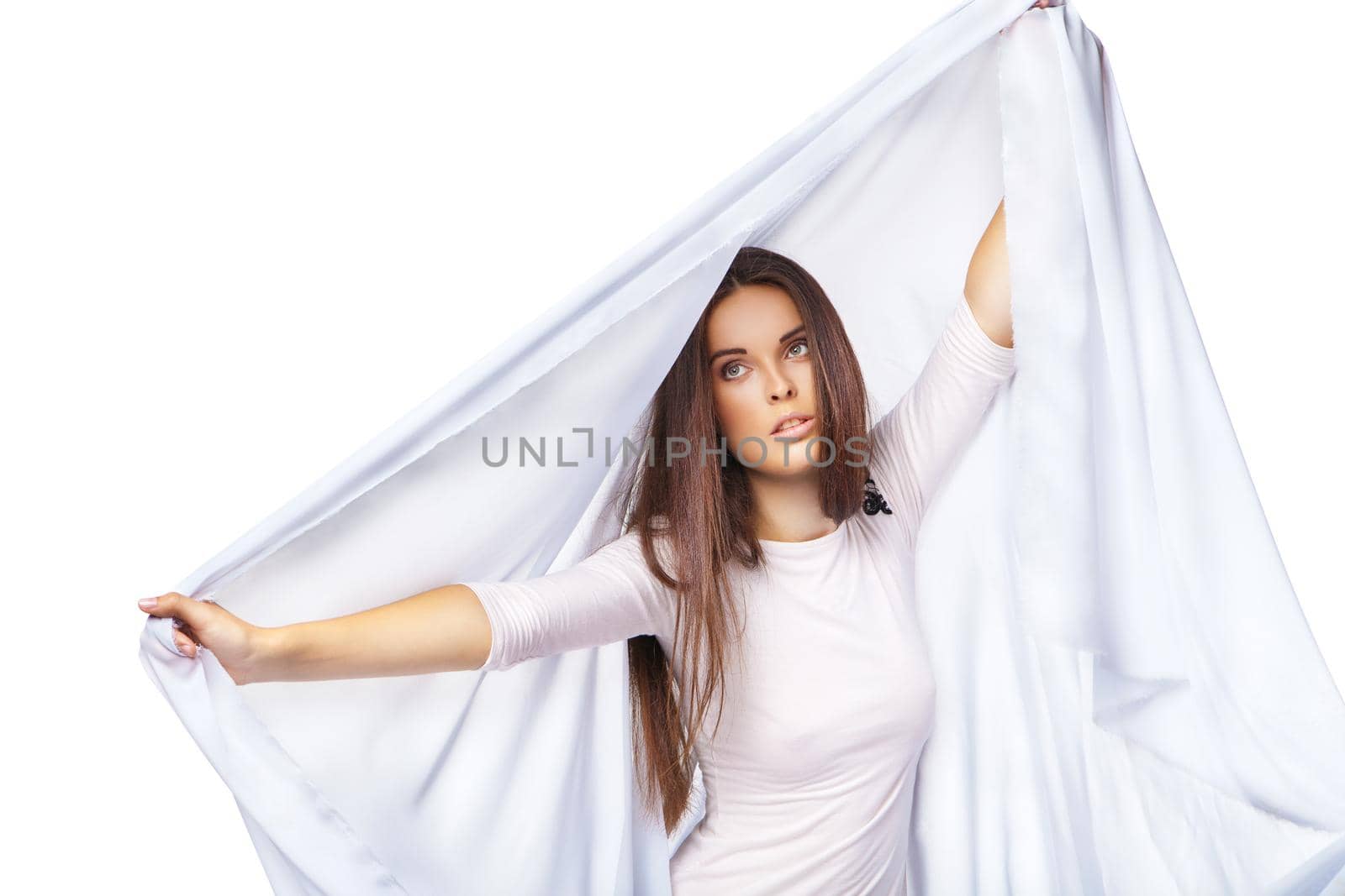 Sexy woman wearing white dress over white background