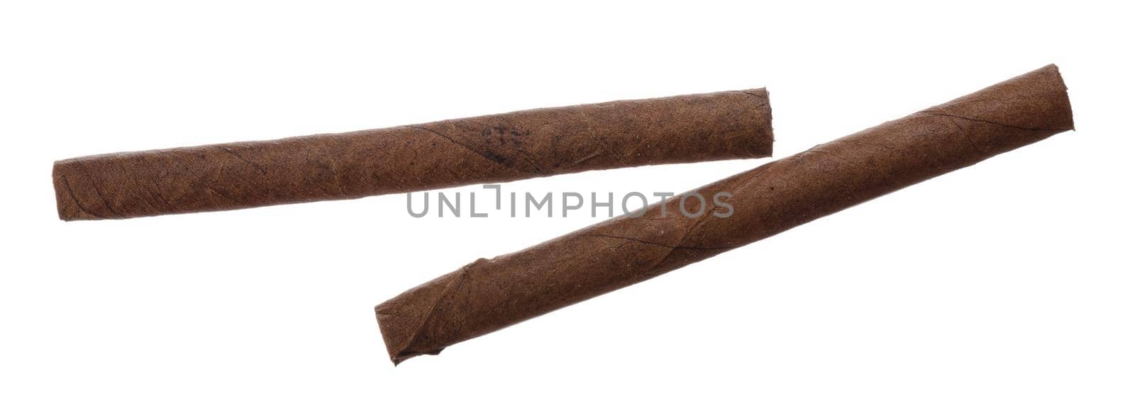 Hand rolled cigars isolated on white background top view