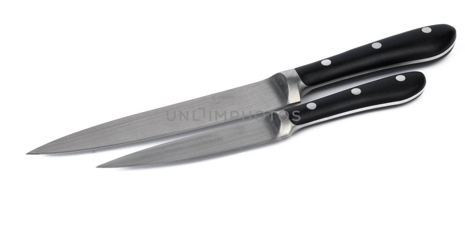 New sharp metal knife on white background close up