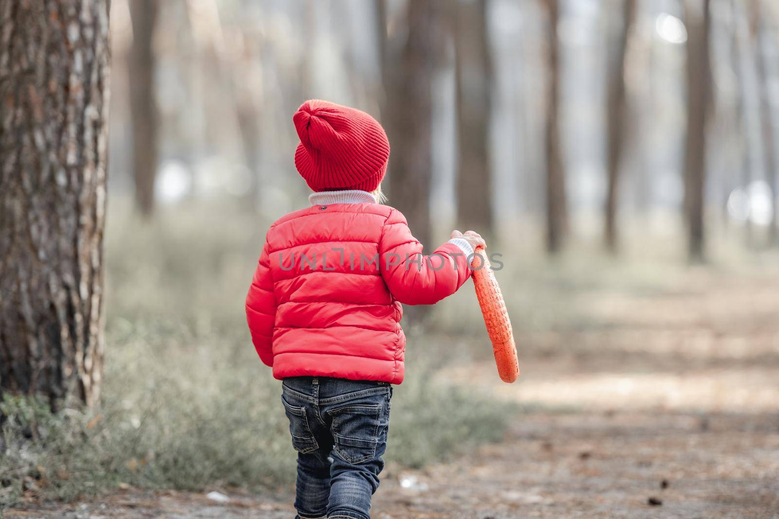 Little girl child walking in the forest alone at autumn and holding dog rubber toy. Female kid in the wood outdoors