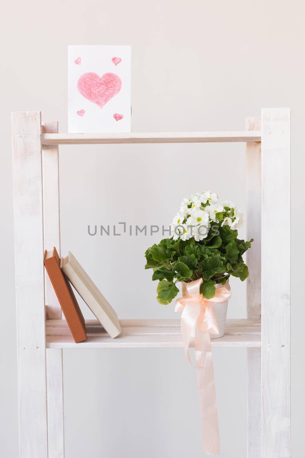 Picture of heart and books and indoor plant on a bookshelf. Minimal composition. Spring interior and moter's day concept. by Satura86