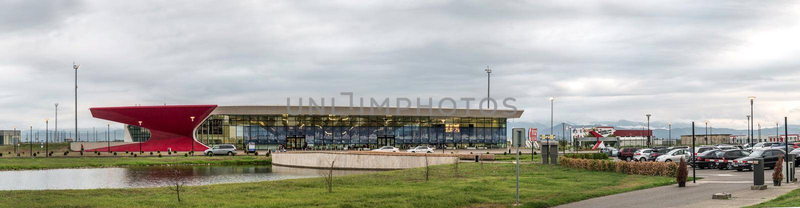Modern building exterior of Kutaisi international airport at cloudy day , Georgia