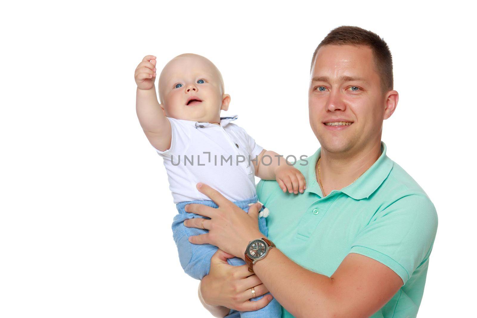 Dad holds the baby in his arms. The concept of educating the father of young children, Happy childhood, a friendly family. Isolated on white background.