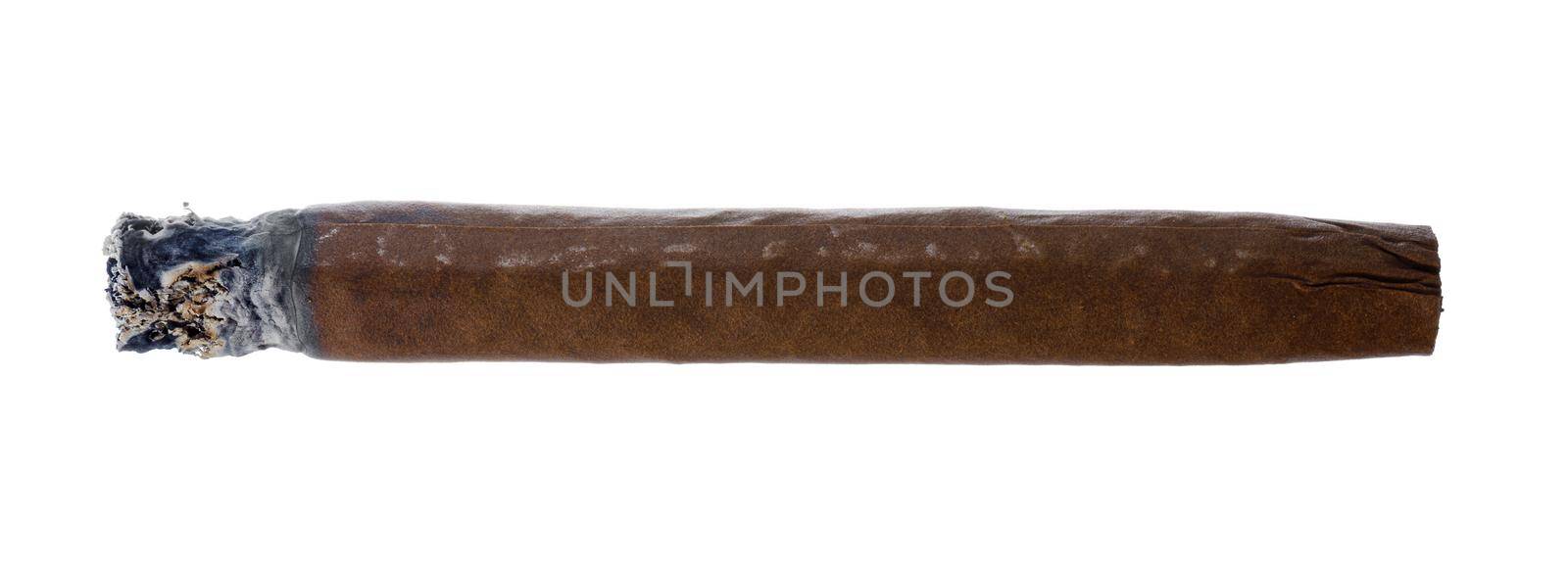 Burning hand rolled cigar isolated on white by Fabrikasimf