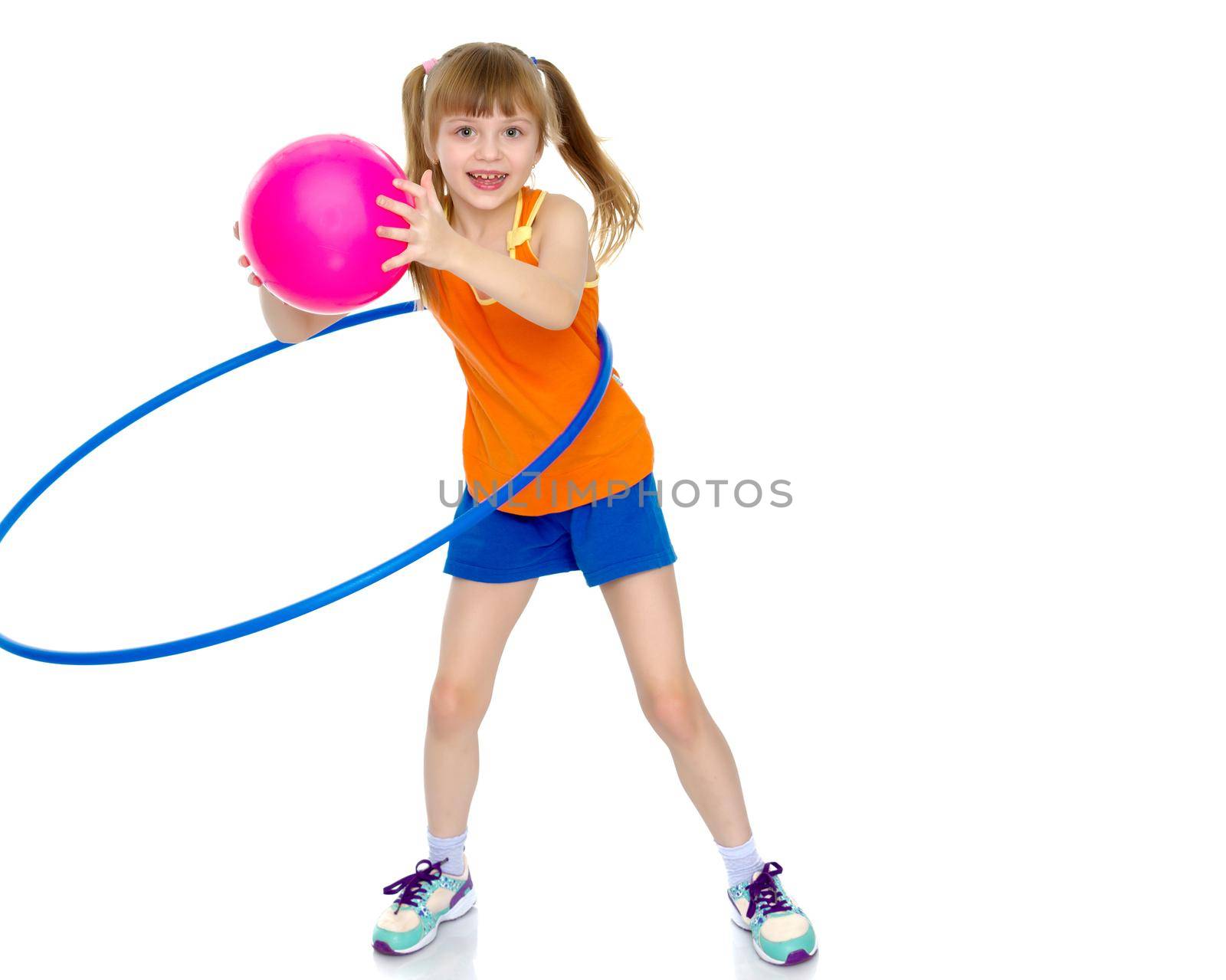 A girl gymnast performs an exercise with a hoop. The concept of gymnastics and fitness. Isolated on white background.