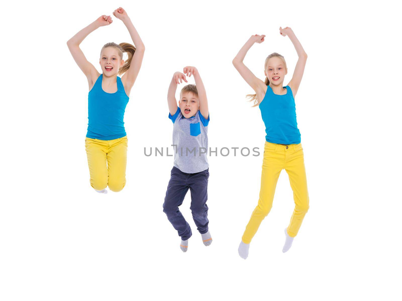 A large group of happy joyful children jumps and dances. The concept of sport, summer holidays. Isolated on white background.
