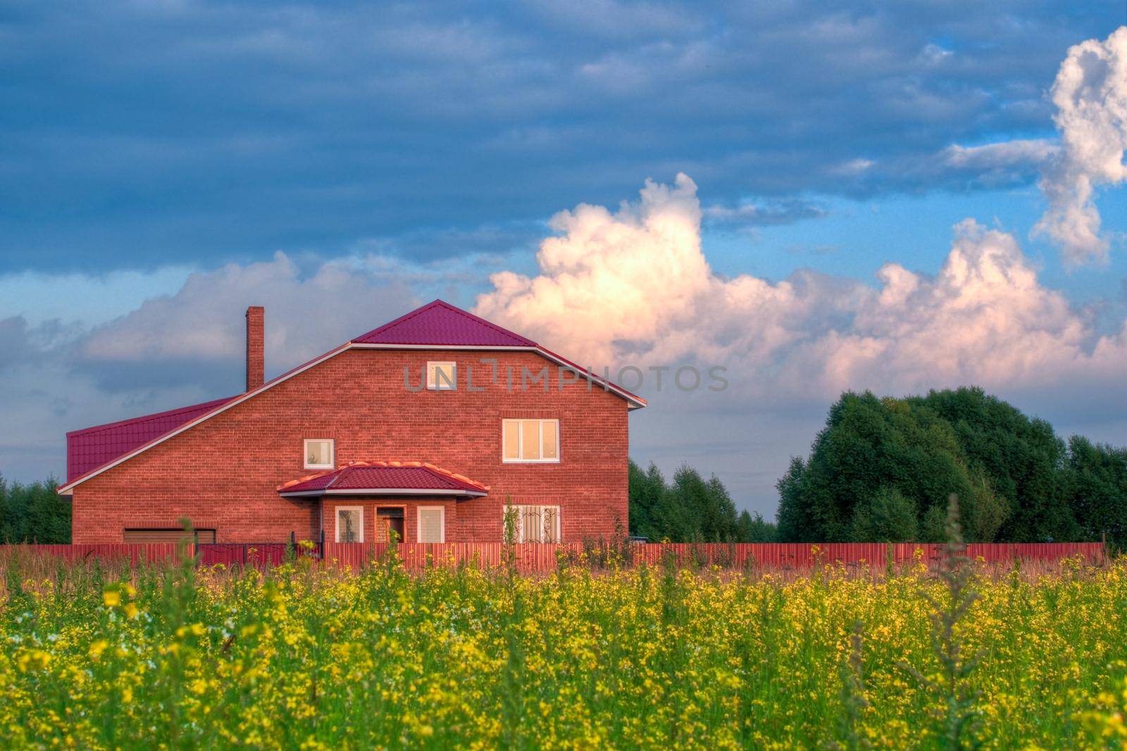 red brick house in the field of yellow flowers with cloudy sky in background