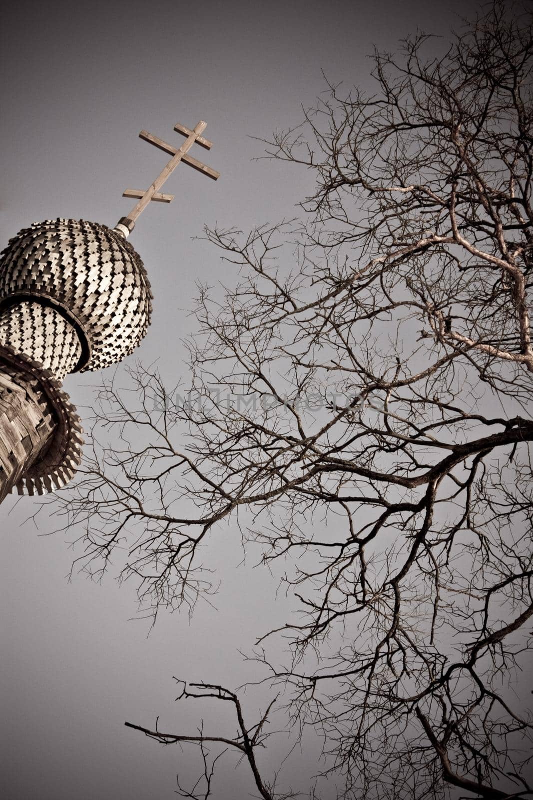 church dome with cross and tree at strange angle with vintage sepia look