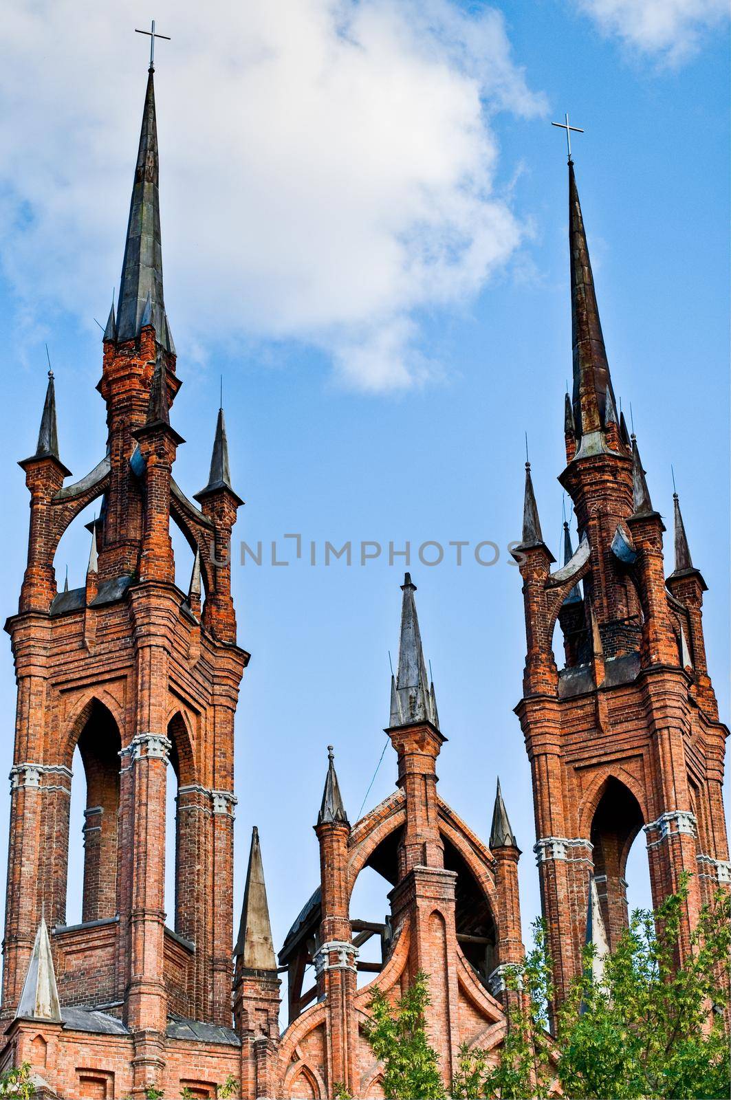 fairy tale, castle like catholic church with blue sky in background