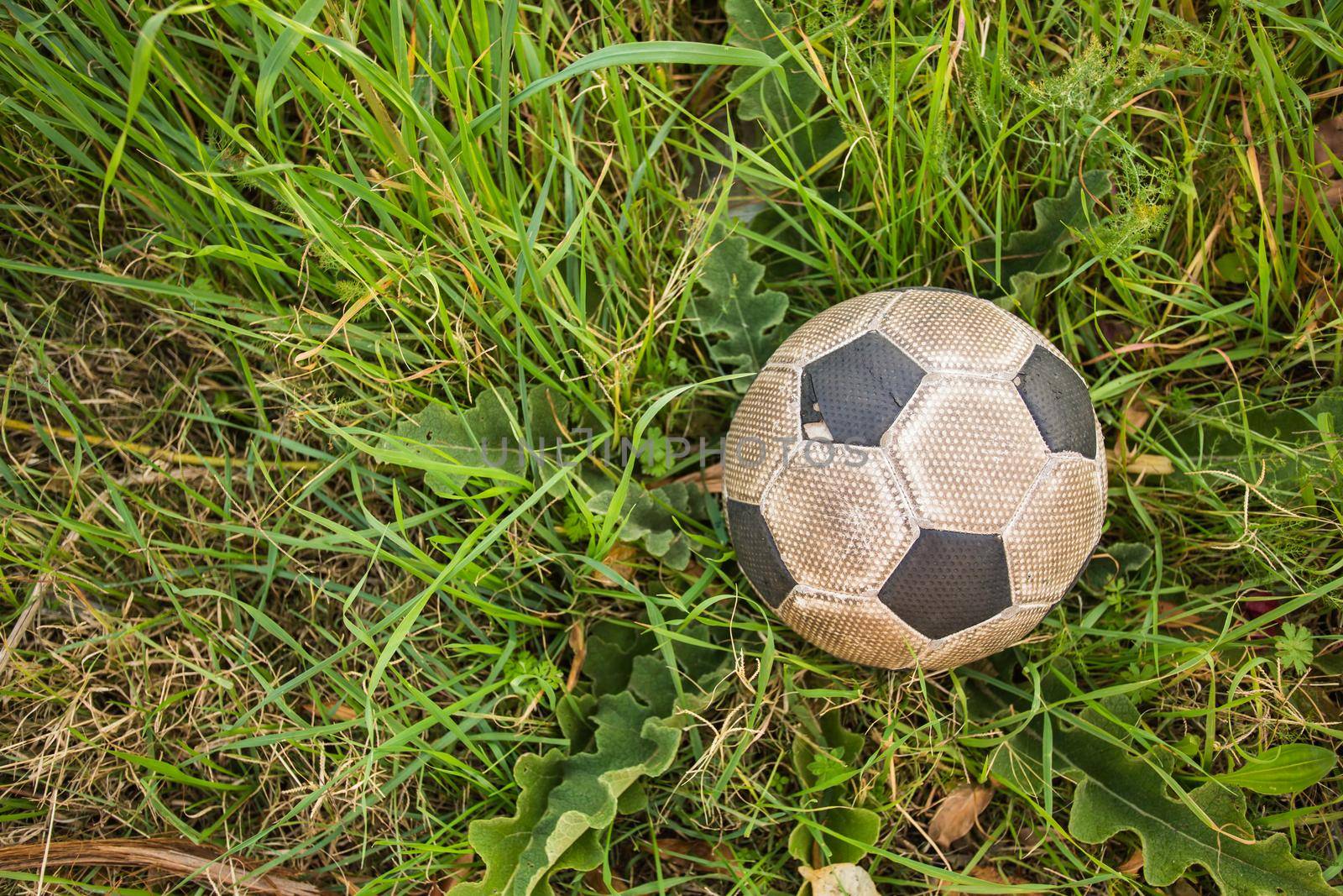 Old Soccer ball on the green grass, top view.