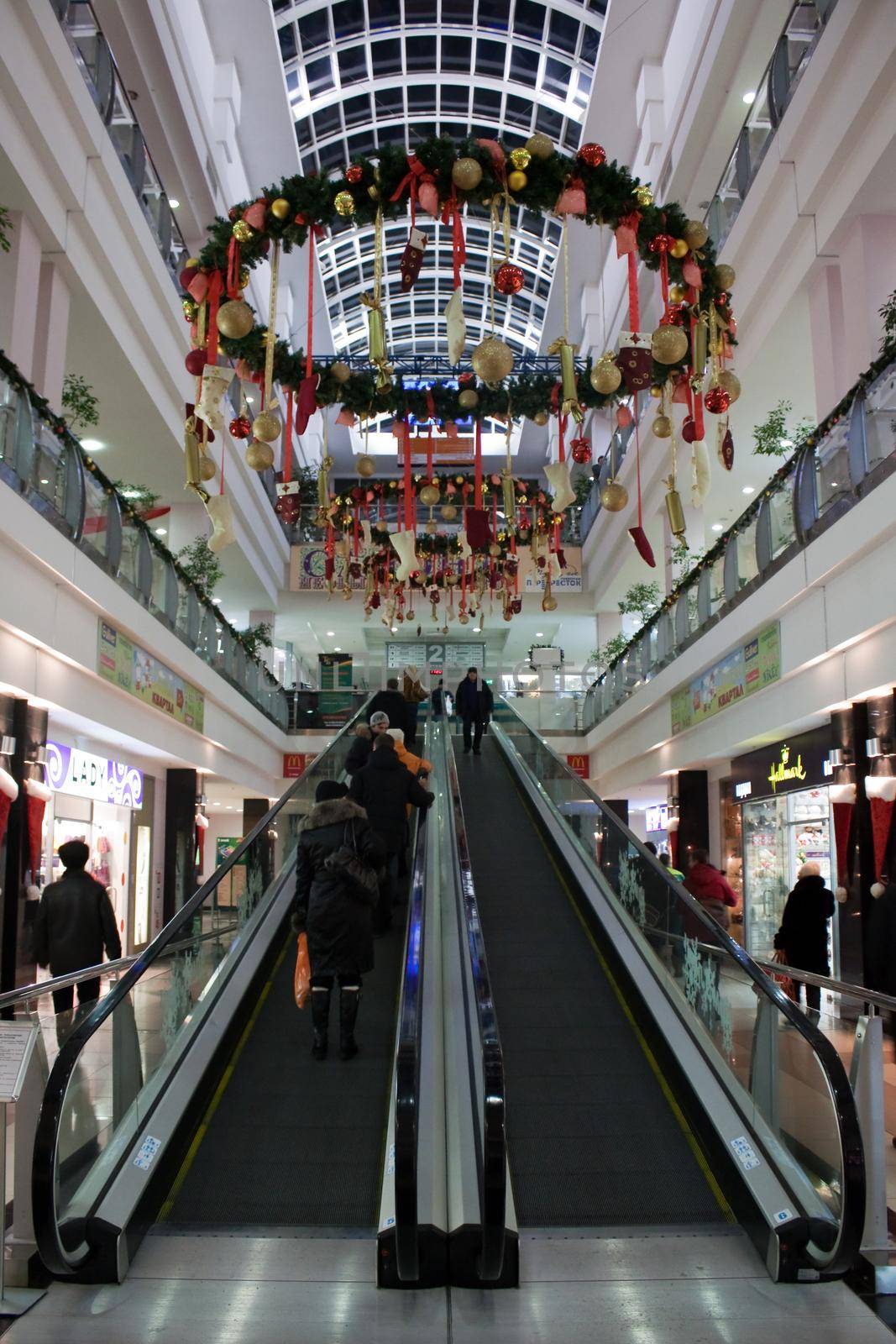 modern trade center interior with new year decorations