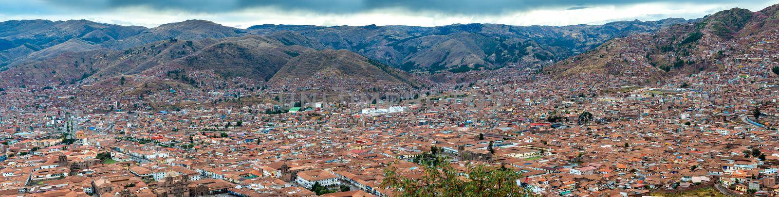 Great wide panorama view of magnificent Cusco, lost Inca city in Peru