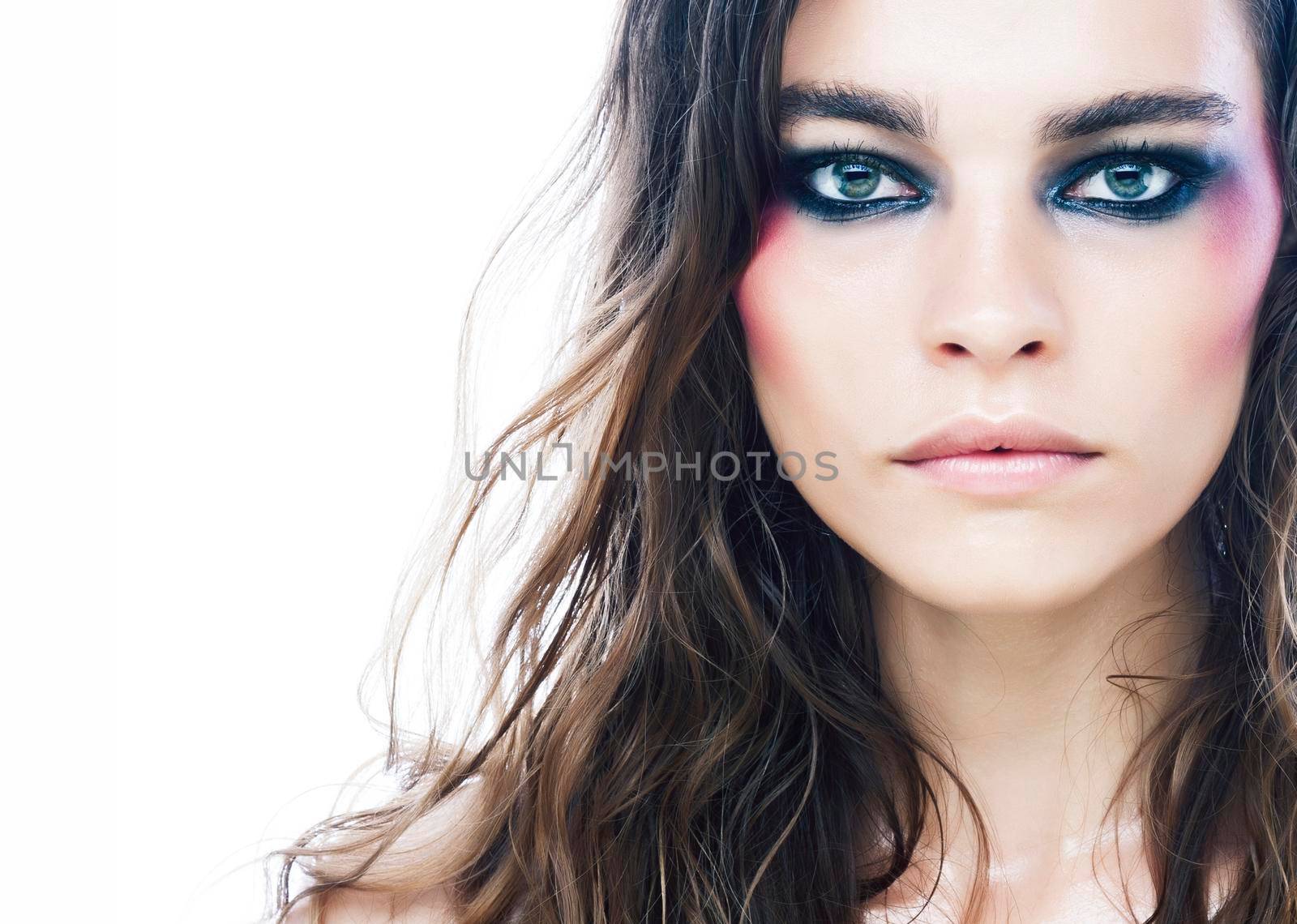 young beauty woman with makeup like shiner on face close up isolated white background, problem teen close up