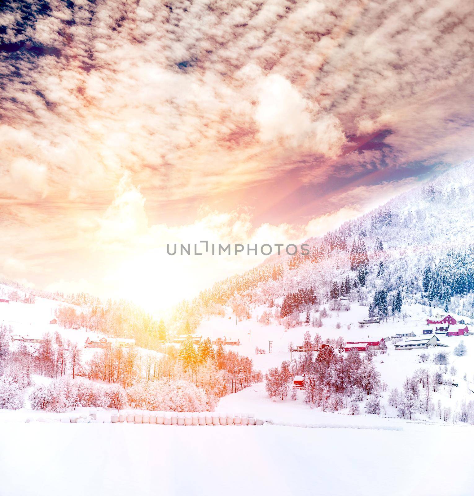 Breathtaking landscape of winter Norway mountanious village