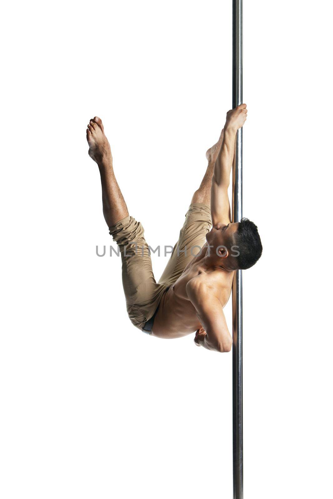 Young strong pole dance man isolated over white background