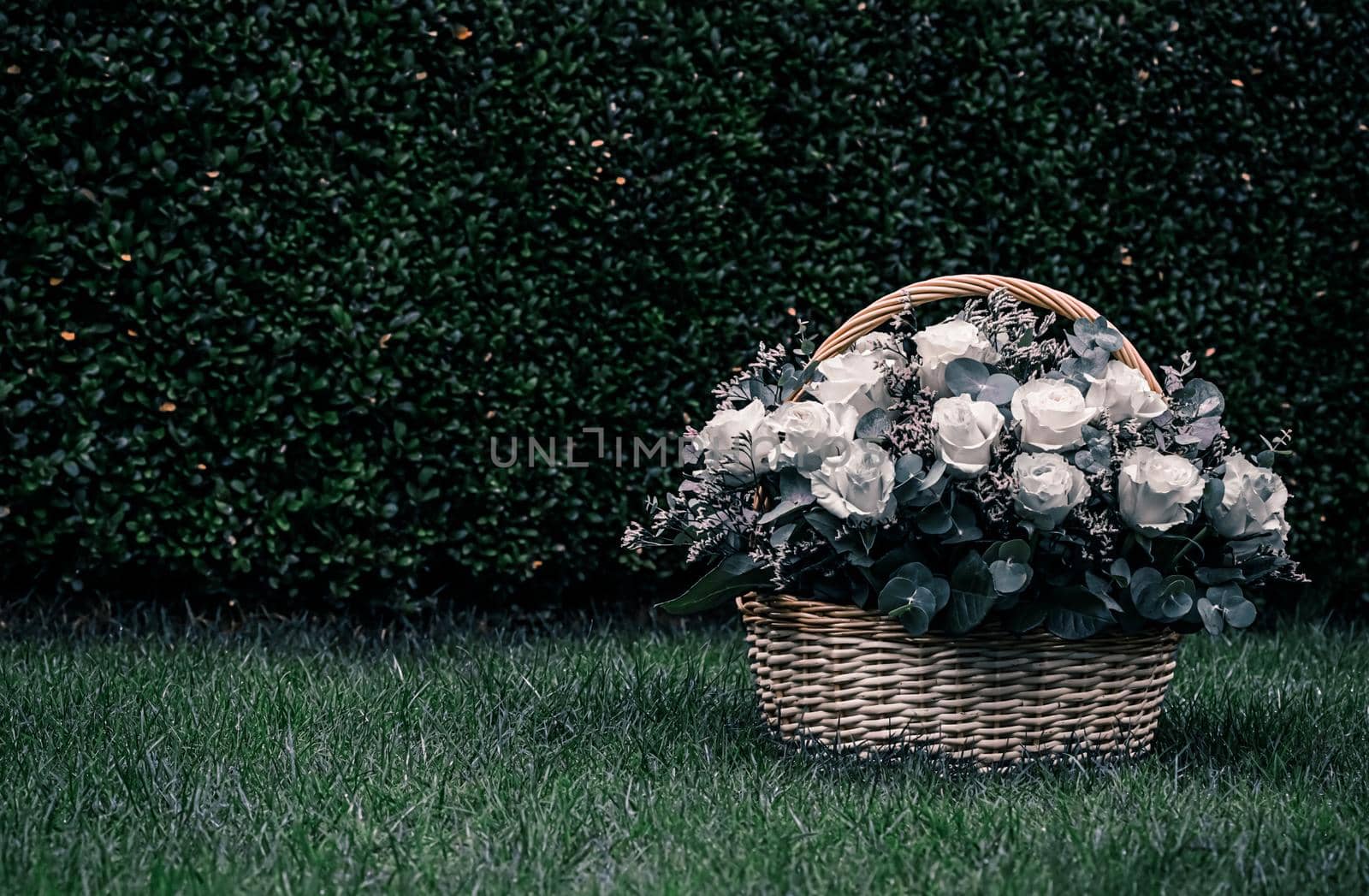 Bouquet of beautiful white roses in a wicker basket on a green background. Perfect for greeting card