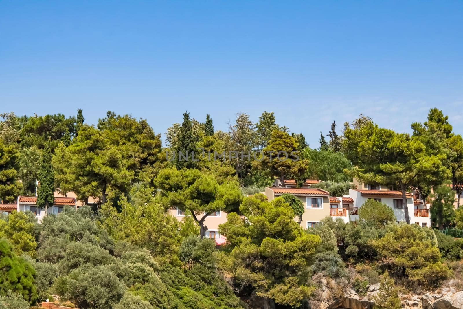 Kusadasi,Aydin,Turkey- July 25,2021.The view from Pinebay holiday village and resort in Kusadasi, in the sea and nature and summer sesason.