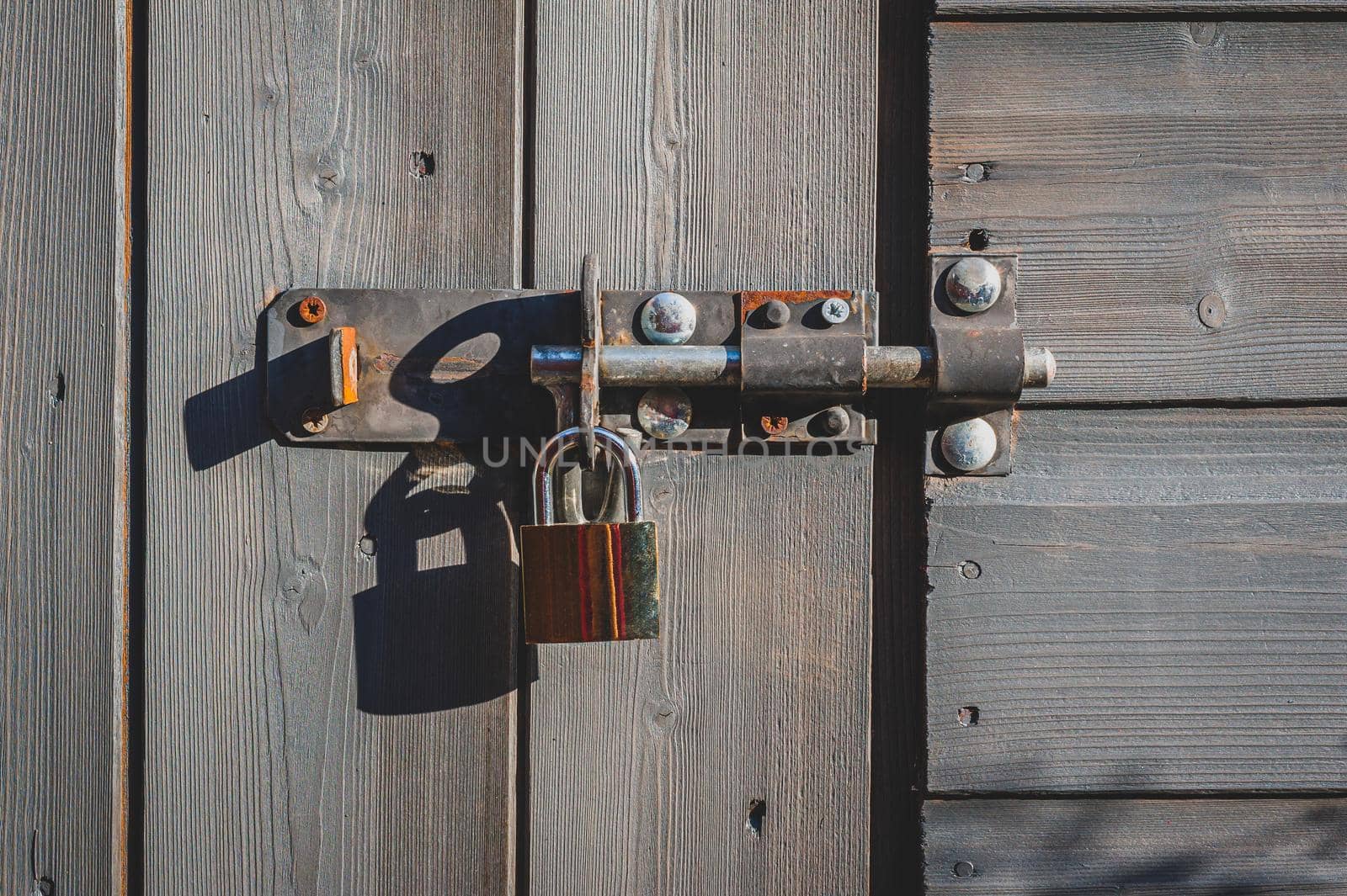 Brass padlock with bolt lock on wooden door.